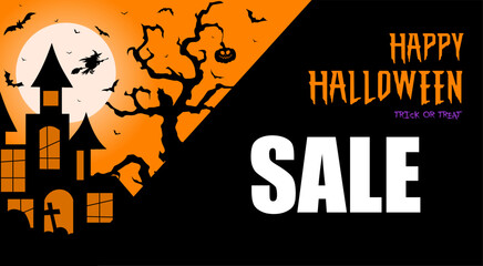 halloween promotion banner poster or background,haunted house,witch,pumpkin,tombstone on yellow black background halloween party poster