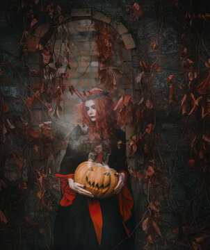 A young woman with red hair in a long black dress with a hood holds a pumpkin for Halloween in her hands against the backdrop of an ancient castle. Gotess dressed as a witch celebrating Halloween