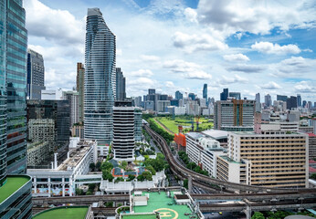 Bangkok Aerial Skyline and Skytrain view of Thailand. Business and financial building area centers...