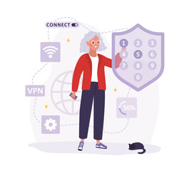 VPN connection. Elderly woman using virtual private network. Password security. Protected access control, privacy data protection. Vector illustration in flat cartoon style. Secure web traffic.
