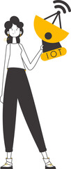 The girl is holding the internet of things logo in her hands. Trend lineart style. Isolated. Vector.