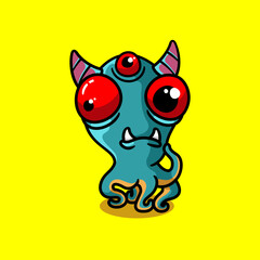 Monster Cartoon with horn Illustration. Premium vector. flat cartoon style