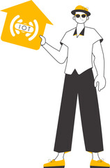 The guy holds the IOT logo in his hands. Linear style. Isolated. Vector.
