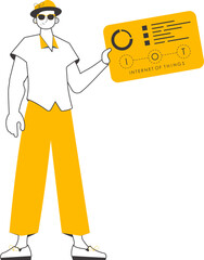 The guy holds the IOT logo in his hands. Linear trendy style. Isolated. Vector.