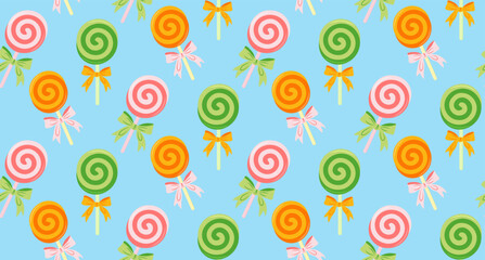 Lollipop with a bow. Bright seamless pattern.