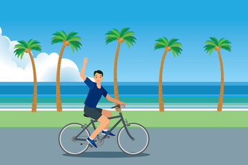 Fototapeta premium 青空と海とヤシの木を背景に自転車でサイクリングする笑顔のアジア系男性 リゾートのイメージイラスト