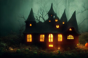 Digital art of a castle in a foggy Halloween night.