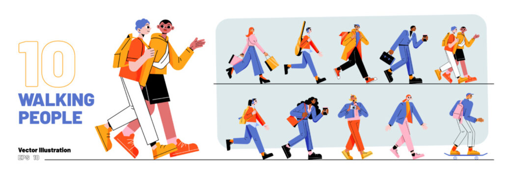 Set of walking people. Diverse pedestrians walk, tourist with camera, businessman, teenager, student or schoolgirl, courier passerby characters, young men and women, Line art flat vector illustration
