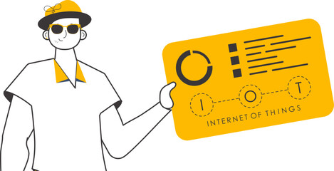 A man holds the IOT logo in his hands. Linear style. Isolated on white background. Vector.