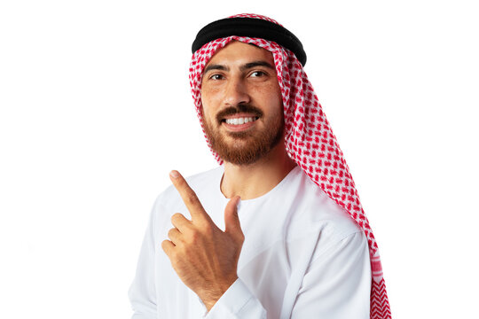 Young Arab man pointing hand isolated on white background