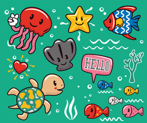 handgetekende trendy cartoonelementillustratie met grappige zeedieren