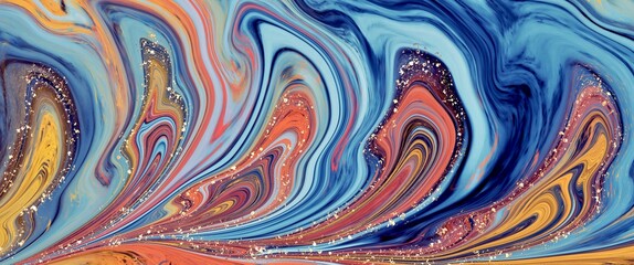 Alcohol ink abstract marblebackground with fluid texture and gold glitter, soft peach and blue colors gradient, hand drawn art for wall pictures, luxury wallpaper for print, curved structure