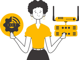 The girl is holding the internet of things logo in her hands. Linear trendy style. Isolated on white background. Vector illustration.