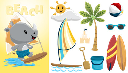 Obraz na płótnie Canvas Cute rhino windsurfer cartoon hand drawn vector illustration with summer beach vacation elements