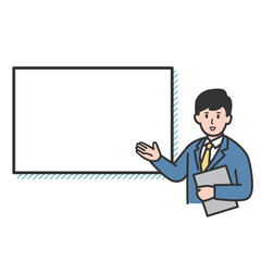 案内、紹介するスーツ姿の男性