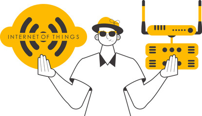 A man holds the IOT logo in his hands. Lineart style. Isolated on white background. Vector.