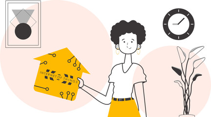 The girl is holding the internet of things logo in her hands. Trend lineart style. Vector illustration.