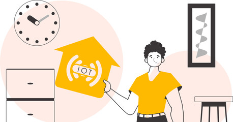 A man holds the IOT logo in his hands. Trend lineart style. Vector illustration.