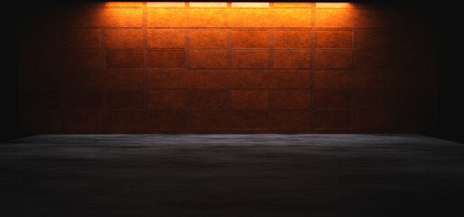 3d rendering brick wall background neon orange yellow light concrete floor abstract empty room
