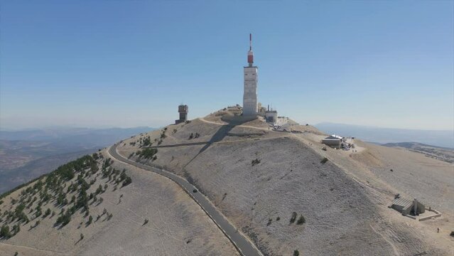 Dolly backward drone shot from the east side of Mont Ventoux with Chapelle Sainte-Croix