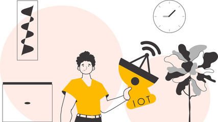 The guy holds the IOT logo in his hands. Linear style. Vector illustration.