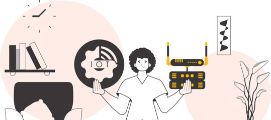 The guy holds the IOT logo in his hands. Linear style. Vector.