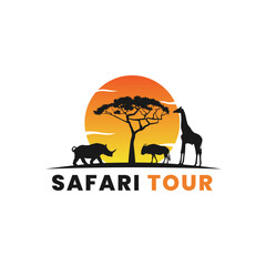Safari Tour Logo Vector or Simple Safari Travel Logo Vector. Safari traveling. African wild animals silhouettes icon style design. Wildlife/safari/journey/trip/tour/travel africa logo design vector. © Ind studio