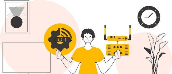 The guy holds the IOT logo in his hands. Linear trendy style. Vector illustration.