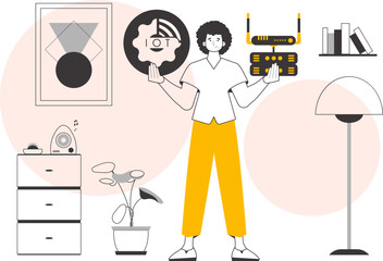 The guy holds the internet of things logo in his hands. Linear modern style. Vector.