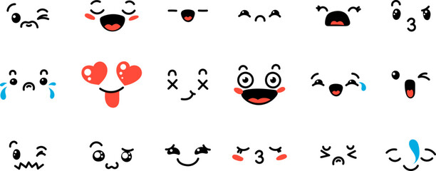 Various Cartoon Emoticons Set. Doodle faces, eyes and mouth. Caricature comic expressive emotions, smiling, crying and surprised character face expressions