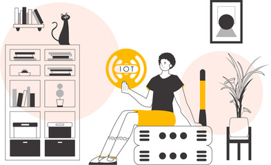 The boy is holding the IOT logo in his hands. Linear style. Vector.