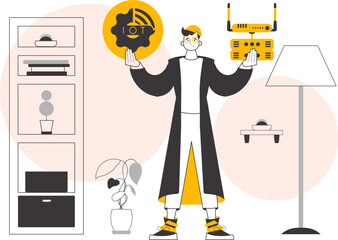 The boy is holding the IOT logo in his hands. Linear trendy style. Vector.