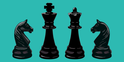 Chess Black King and Queen with Knight Horse sign isolated on a green background.  Vector illustration.