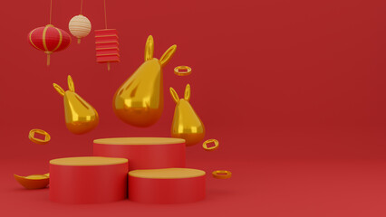 Chinese New Year Rabbit symbol of 2023 year for premium products display, podium with golden rabbit statue and chinese lantern on red background. 3d rendering