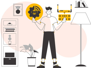 The boy is holding the IOT logo in his hands. Linear modern style. Vector illustration.