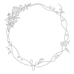 Round empty frame made of delicate, linear floral ornament in doodle style.