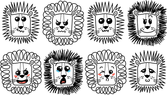 Isolated doodle cute Lion emoticons. Cute set of vector animals with emotions. Cartoon feline, lion for print, children and baby development