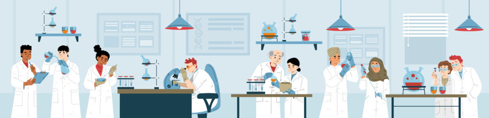 Science laboratory research and development. Medicine, genetics, chemistry or biochemistry scientists working together in lab with microscope and equipment, Cartoon linear flat vector illustration - obrazy, fototapety, plakaty