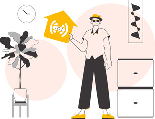The boy is holding the internet of things logo in his hands. Linear style. Vector.