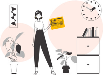 The girl is holding the internet of things logo in her hands. Linear trendy style. Vector illustration.