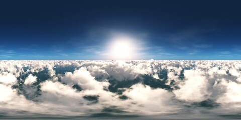 Naklejka na ściany i meble Panorama of clouds, HDRI, environment map , Round panorama, spherical panorama, equidistant projection, panorama 360, flying above the clouds,sky above the clouds, 3D rendering