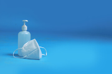 medical masks and antiseptic bottles for protection from pandemics germs and viruses
