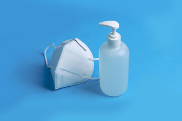 medical masks and antiseptic bottles for protection from pandemics germs and viruses
