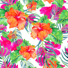 Tropical floral hawaiian seamless pattern with watercolor hibiscus and palm leaves