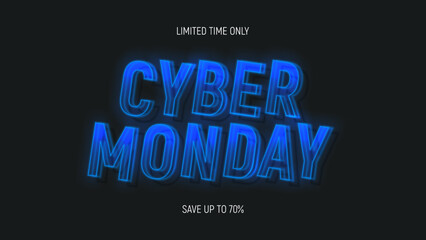 Cyber Monday Sale banner template. Realistic 3d neon signboard. Cyber Monday neon lettering for decoration of discount event. Vector illustration for decoration of sale banners, posters, flyers.