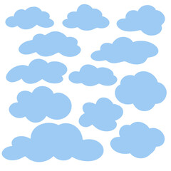 Blue clouds cartoon set. Clipart fluffy clouds of different sizes and shapes. Collection of comic air bubbles vector illustration