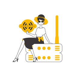 The girl is holding the IOT logo in her hands. Lineart style. 