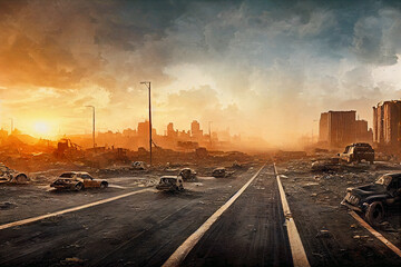 Post apocalypse, desolate highway in ruins, ruined city background
