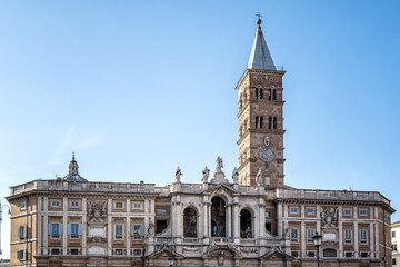 Fototapeta na wymiar Beautiful fasade of famous Medieval Catholic Church - Basilica of Santa Maria Maggiore in Rome.