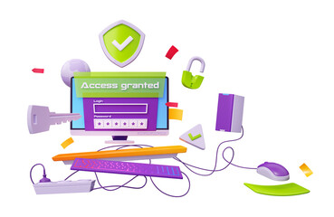 Computer security, data protection concept. Computer screen with account verification with login and password, green shield, lock, key and access granted banner, 3d render illustration